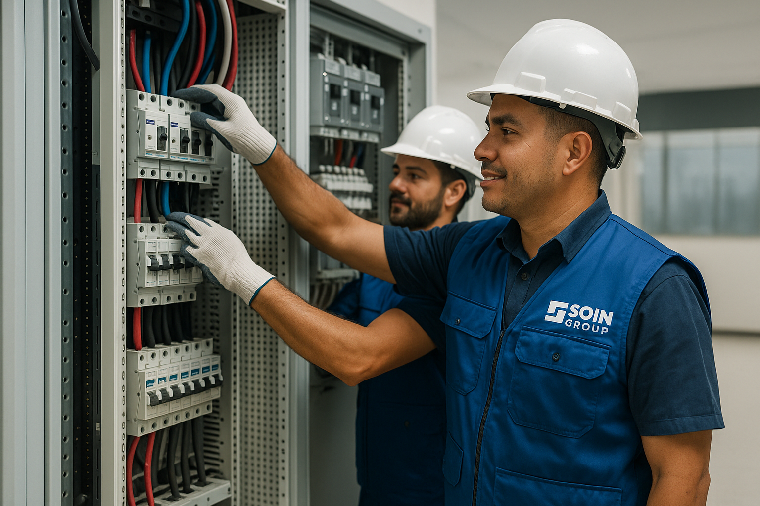 Técnicos de SOIN trabajando en panel eléctrico